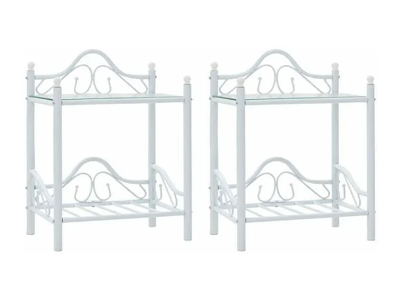 Table de chevet 2 étagères métal blanc et verre trempé Pounky - Lot de 2