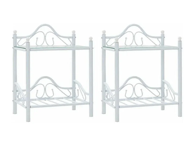 Table de chevet 2 étagères métal blanc et verre trempé Pounky - Lot de 2