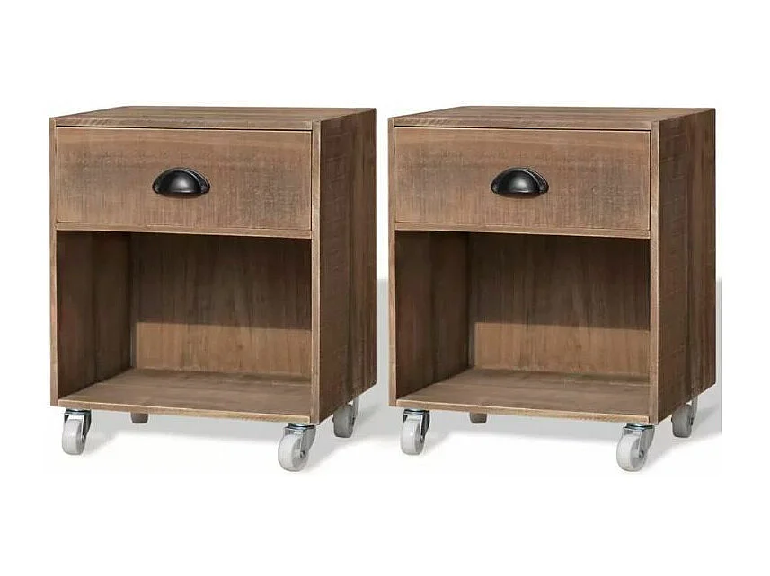 Table de chevet 1 tiroir 1 niche bois massif foncé Yolani - Lot de 2