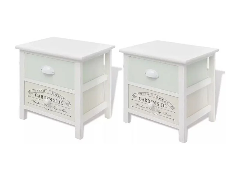 Table de chevet 2 tiroirs bois paulownia massif blanc Frenchy - Lot de 2