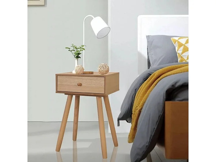 Table de chevet 1 tiroir bois beige et pieds pin massif clair Tonay - Lot de 2