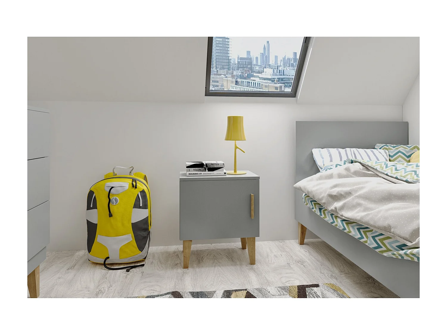 Chevet enfant gris et pieds en bois de chêne Blanka