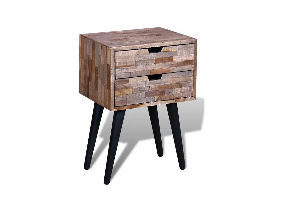 Table de chevet 2 tiroirs teck recyclé clair et pieds métal noir Nelly