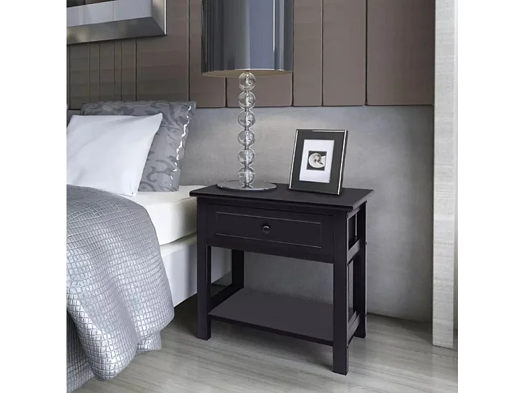 Table de chevet 1 tiroir et 1 plateau bois paulownia massif noir Mounira - Lot de 2