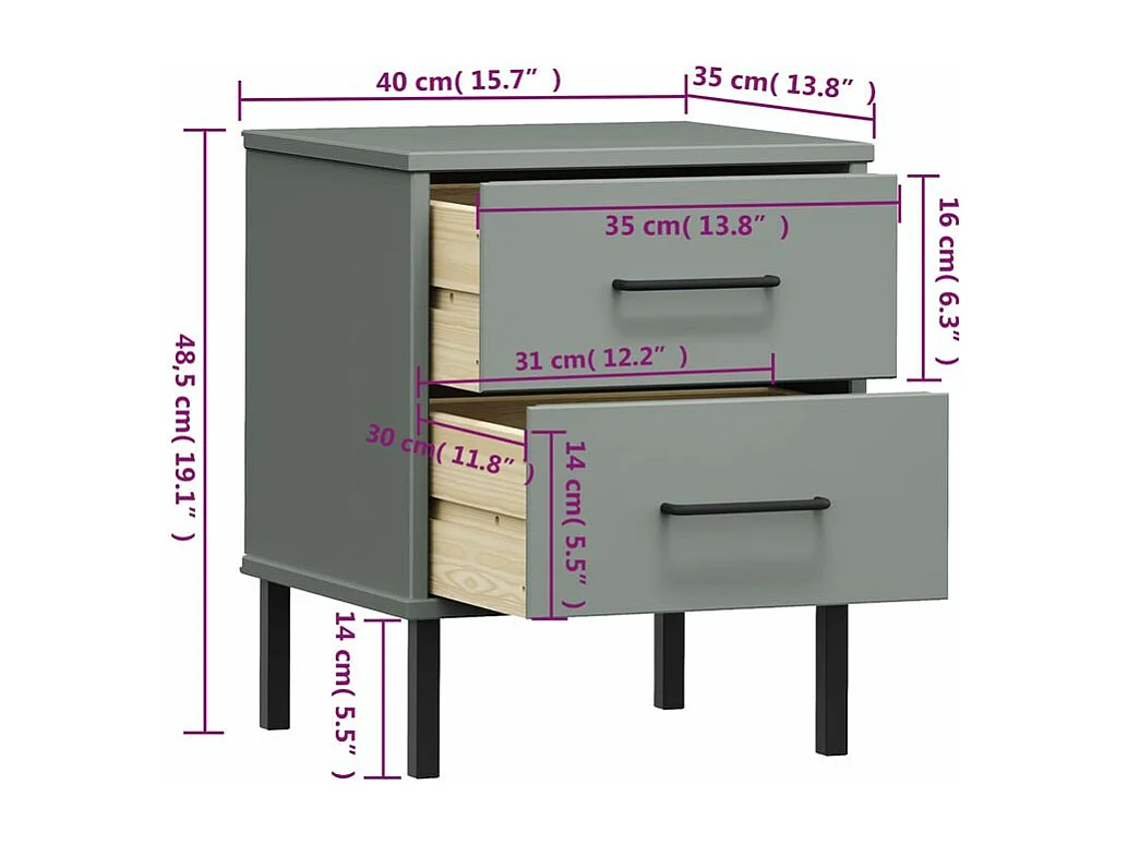 Table de chevet avec pieds en métal Gris Bois pin massif OSLO