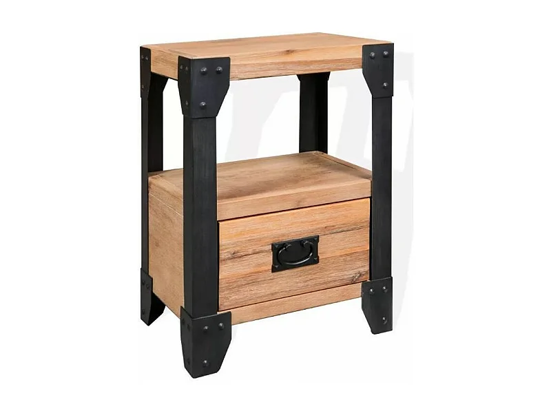 Table de chevet 1 tiroir et 1 étagère acacia massif clair pieds métal noir Aqua