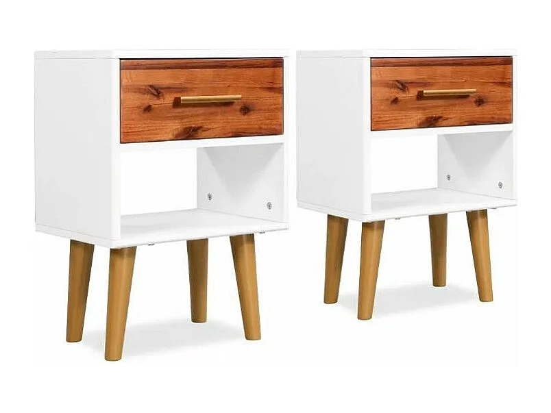 Table de chevet 1 tiroir et 1 niche acacia massif foncé et blanc Soken - Lot de 2