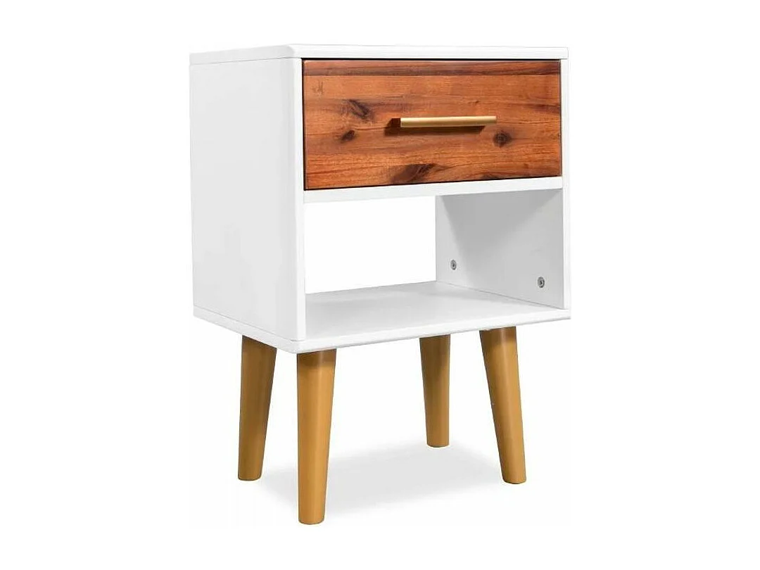 Table de chevet 1 tiroir et 1 niche acacia massif foncé et blanc Soken - Lot de 2