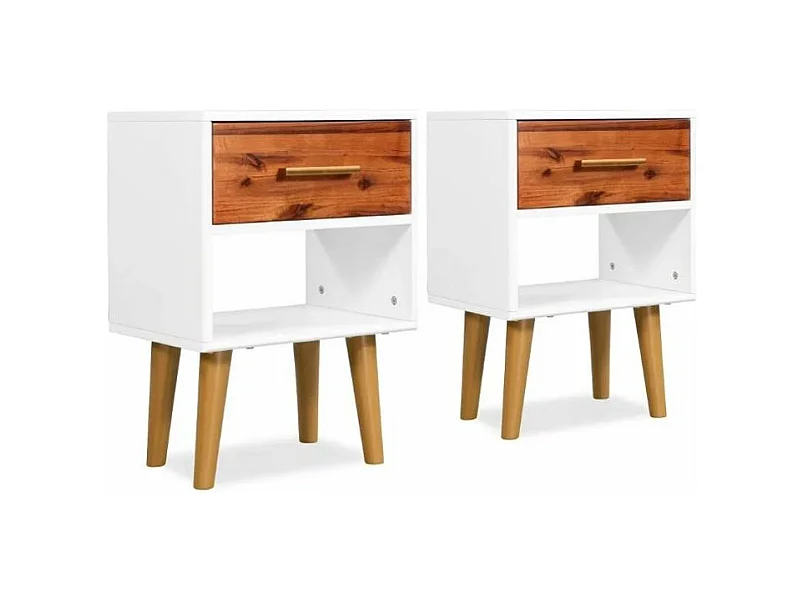 Table de chevet 1 tiroir et 1 niche acacia massif foncé et blanc Soken - Lot de 2
