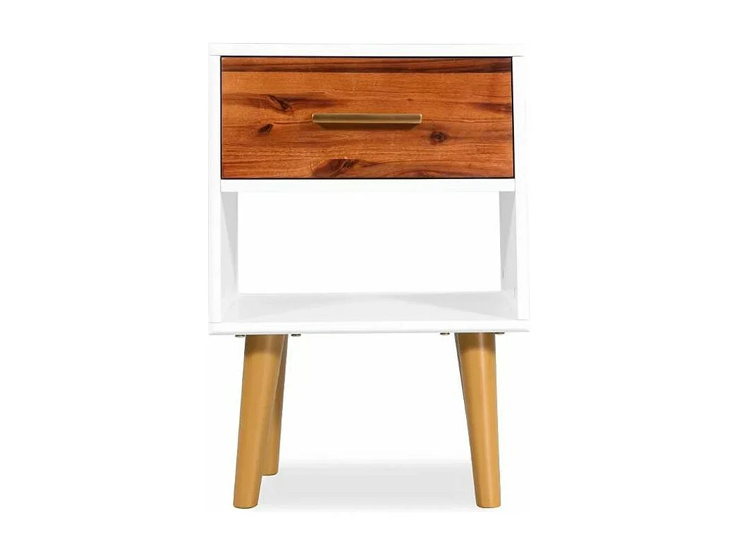 Table de chevet 1 tiroir et 1 niche acacia massif foncé et blanc Soken - Lot de 2