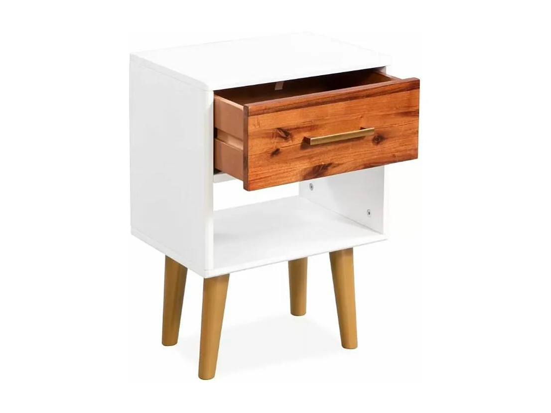 Table de chevet 1 tiroir et 1 niche acacia massif foncé et blanc Soken - Lot de 2