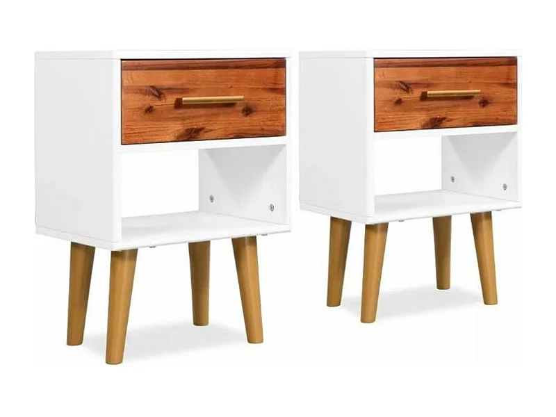 Table de chevet 1 tiroir et 1 niche acacia massif foncé et blanc Soken - Lot de 2