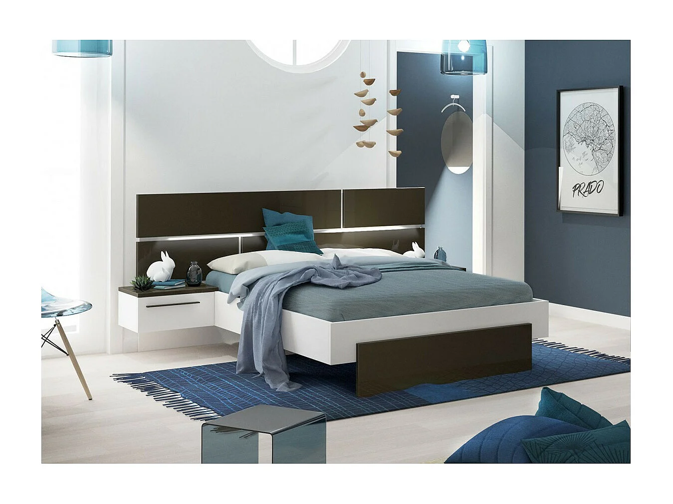 Chevet suspendu gauche blanc et anthracite Kido