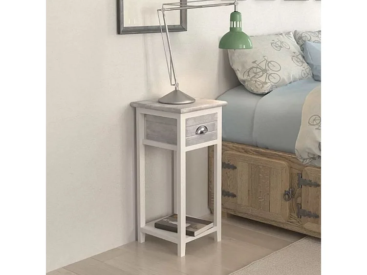 Table de chevet 1 tiroir bois paulownia gris et blanc Poupa