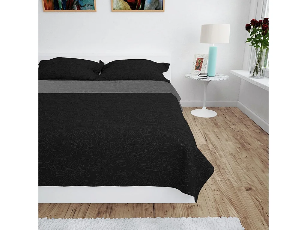 Couvre-lit à double face matelassé 170x210 Gris et noir