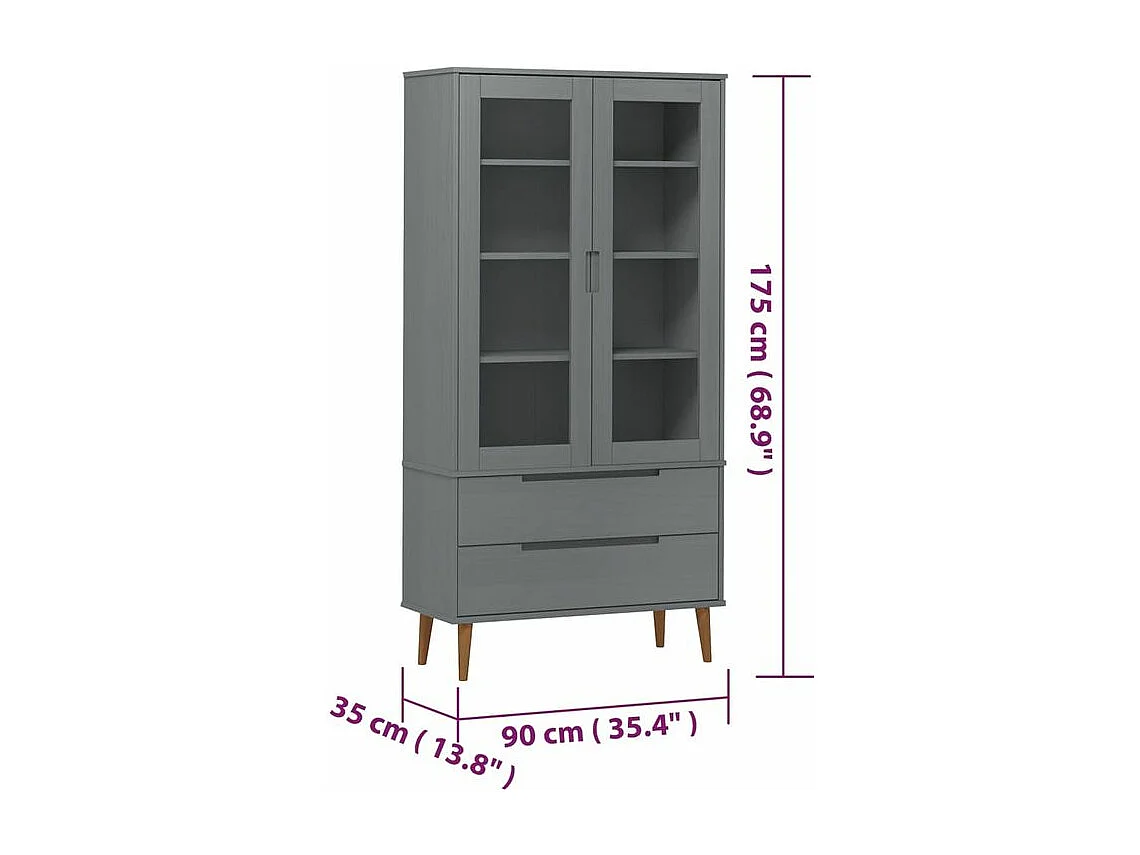 Armoire à vitrine MOLDE Gris 90x35x175 Bois de pin massif