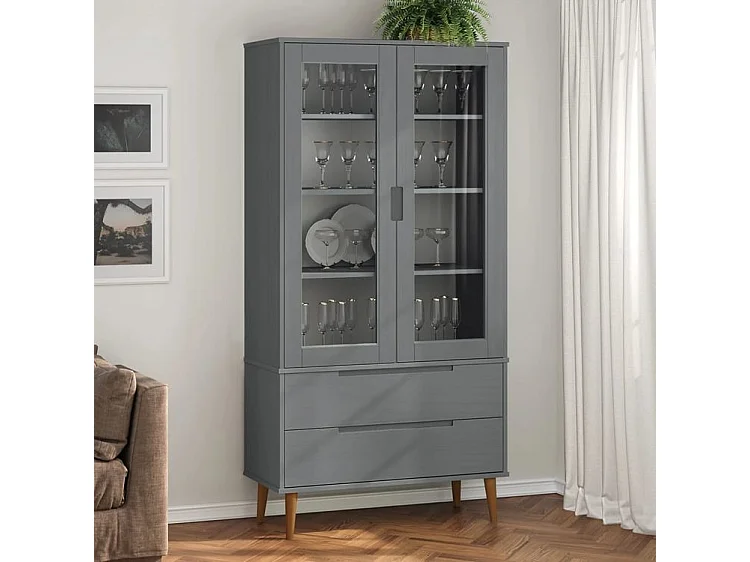 Armoire à vitrine MOLDE Gris 90x35x175 Bois de pin massif