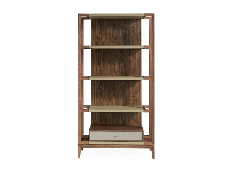 Étagère 4 niveaux et 1 tiroir bois noyer et laqué Muza-Couleur Céleste