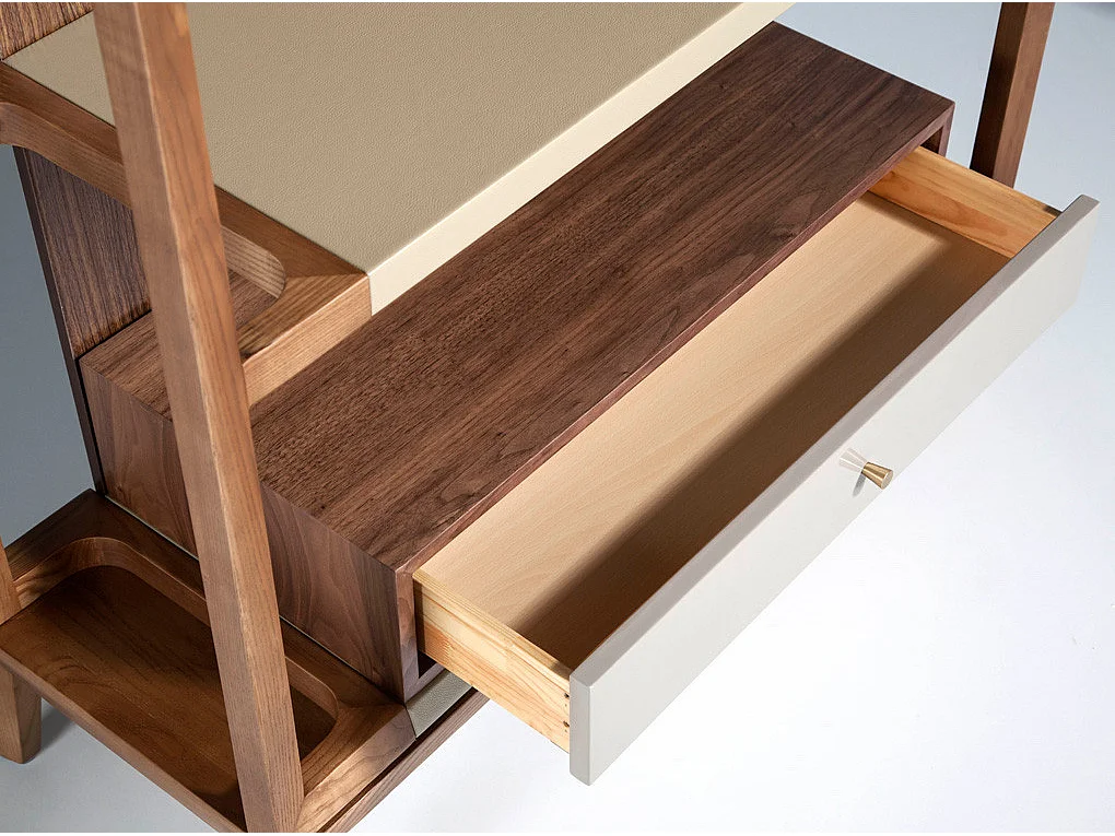 Étagère 4 niveaux et 1 tiroir bois noyer et laqué Muza-Couleur Céleste