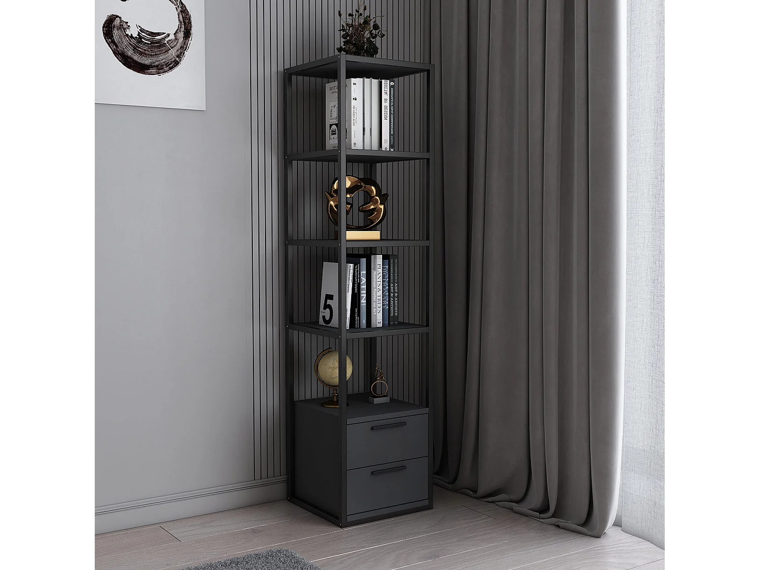 Étagère avec 2 tiroirs bois anthracite et métal noir Roby 39cm