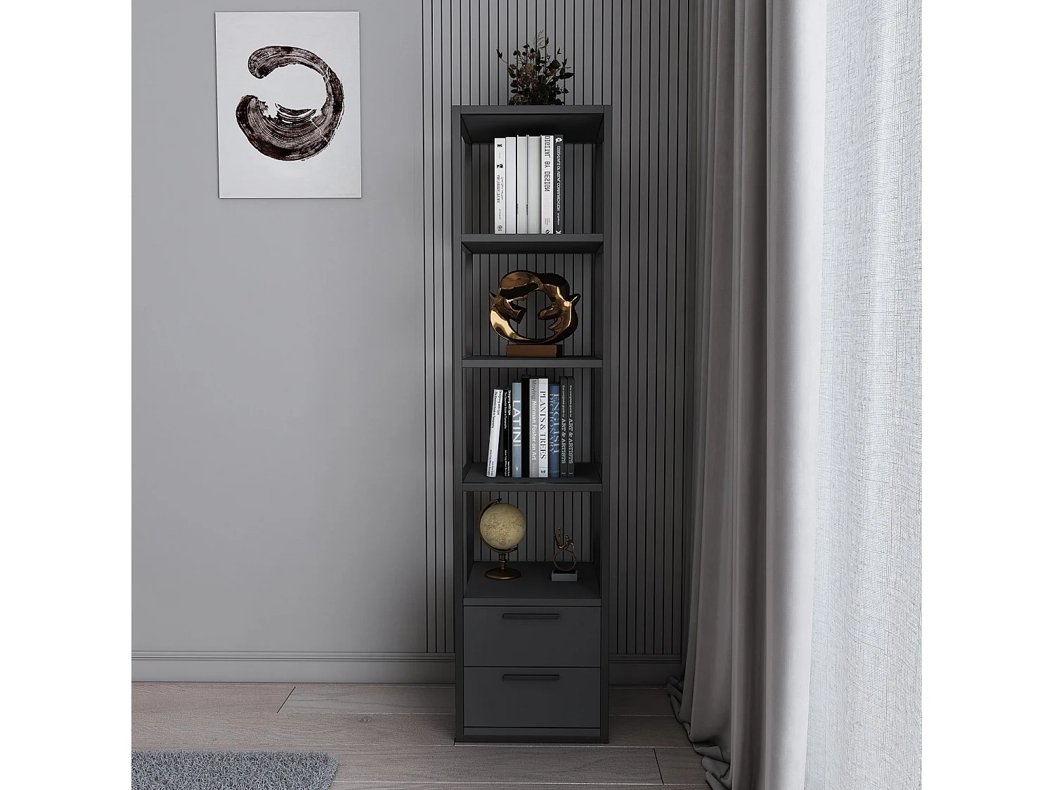 Étagère avec 2 tiroirs bois anthracite et métal noir Roby 39cm
