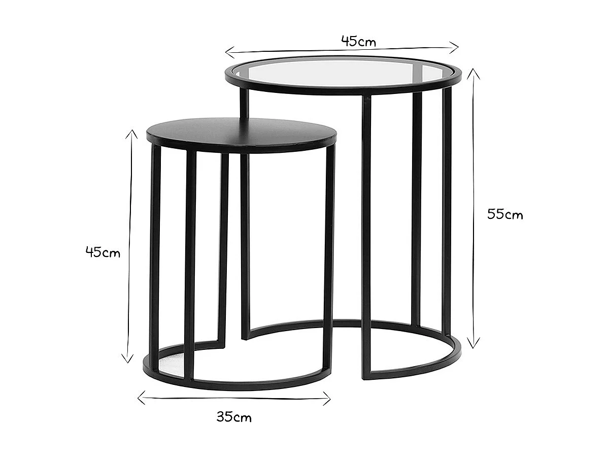 Ausziehbare Beistelltische aus gehärtetem Glas und schwarzem Metall TAHL