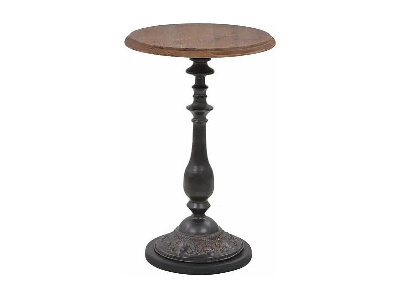 Table d'appoint ronde pin massif foncé et pied métal noir Keral