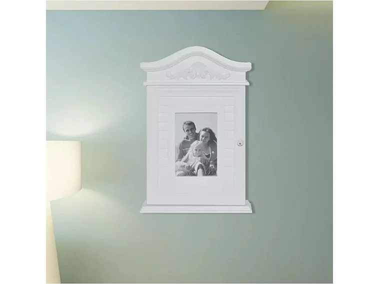 Étagère porte-clés 1 porte avec cadre photo pin massif blanc Frenchy