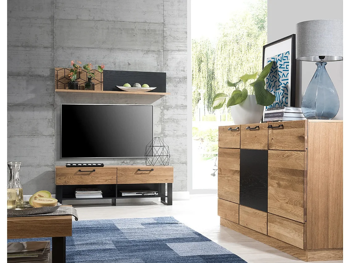 Etagère murale en bois de chêne miel et noir Mazora 135cm