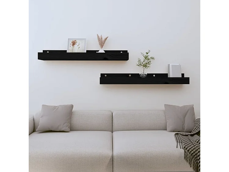 Étagères murales 2 pcs Noir 80x12x9 Bois de pin massif