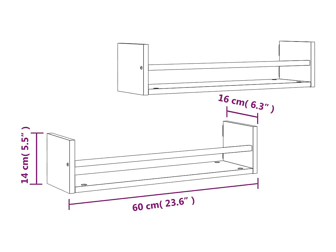 Étagères murales avec barres 2 pcs sonoma gris 60x16x14