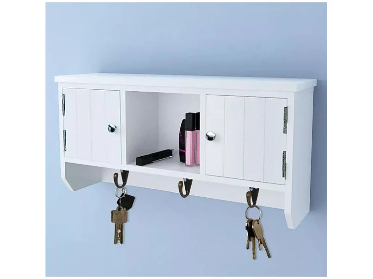 Wandkastje voor sleutels en sieraden met deurtjes en haken