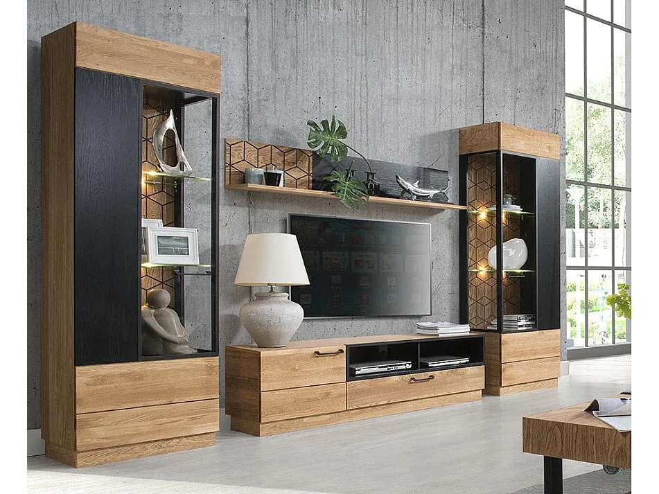 Etagère murale en bois de chêne miel et noir Mazora 170cm