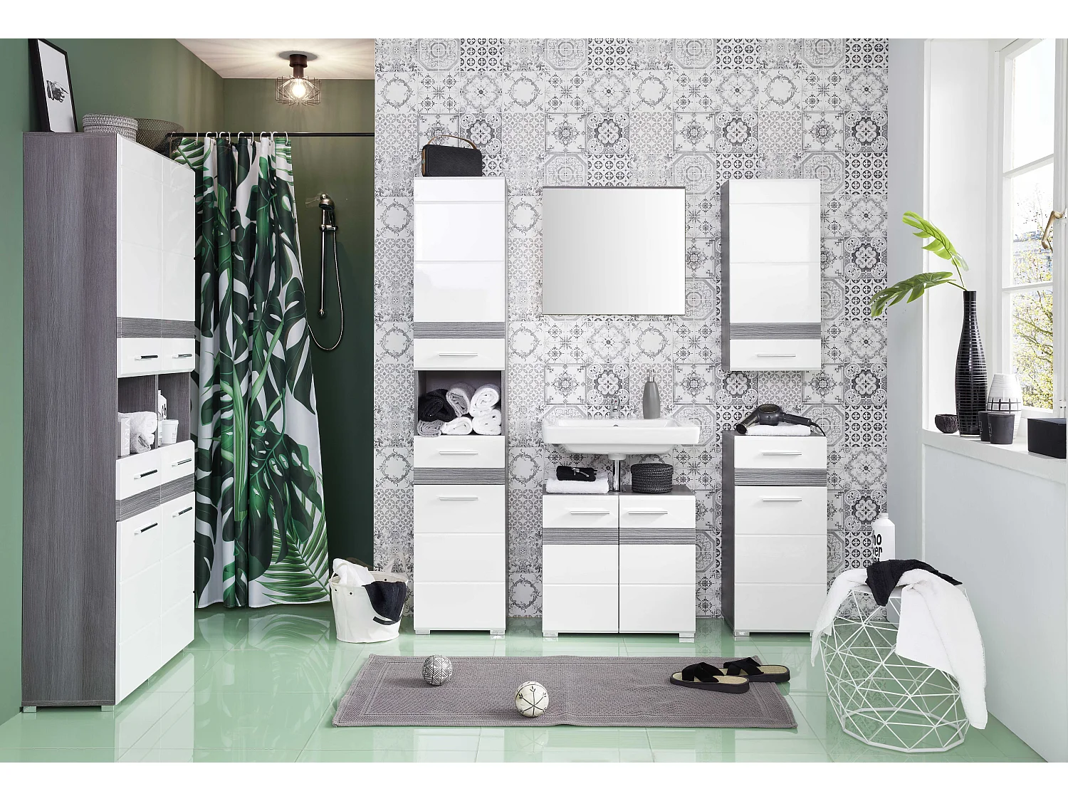 Grande colonne de salle de bain 4 portes 2 tiroir blanc brillant et chêne gris Varok 73cm