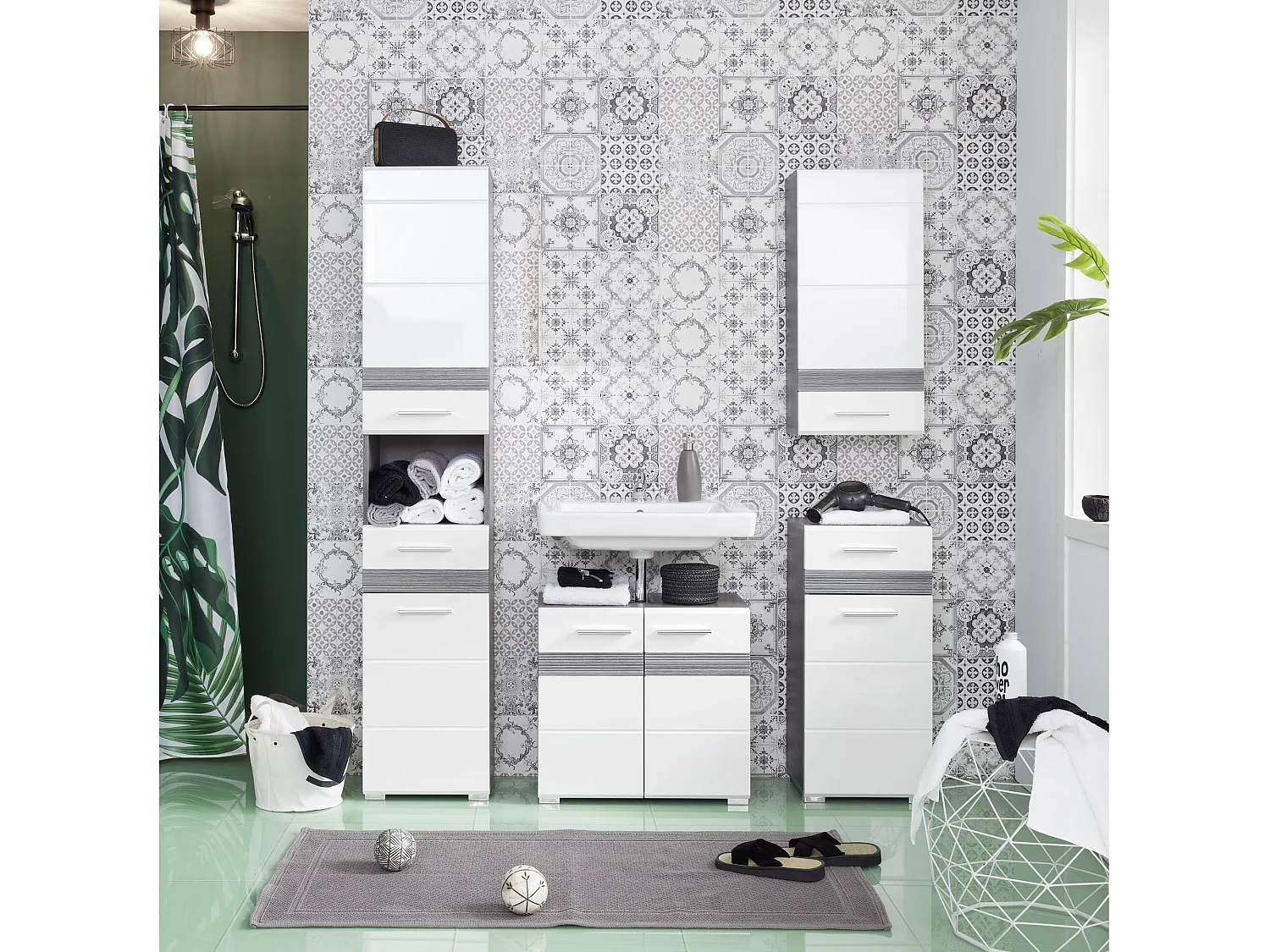 Grande colonne de salle de bain 4 portes 2 tiroir blanc brillant et chêne gris Varok 73cm