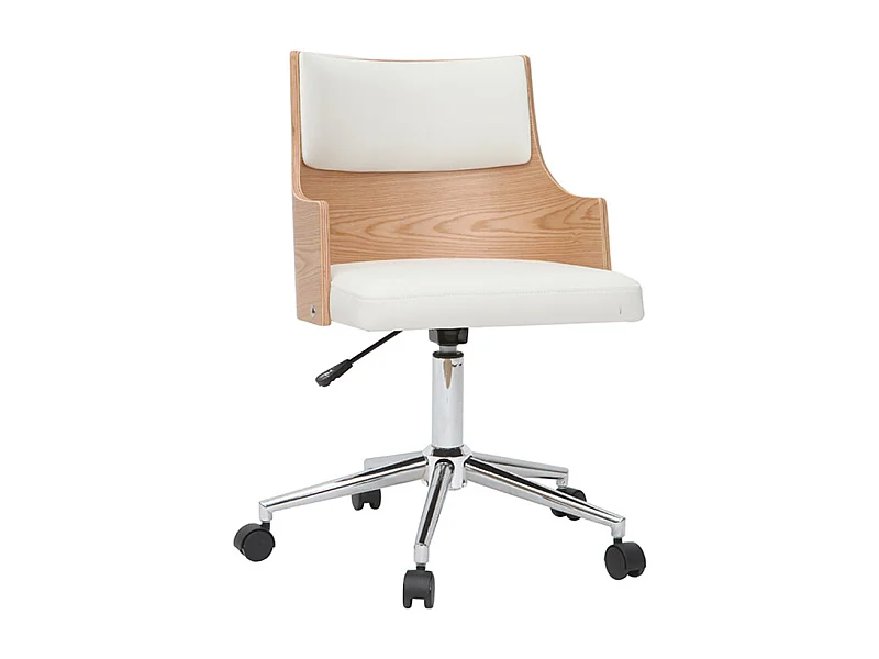 Chaise de bureau à roulettes design blanc, bois clair et acier chromé MAYOL