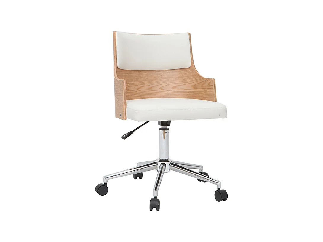 Chaise de bureau à roulettes design blanc, bois clair et acier chromé MAYOL
