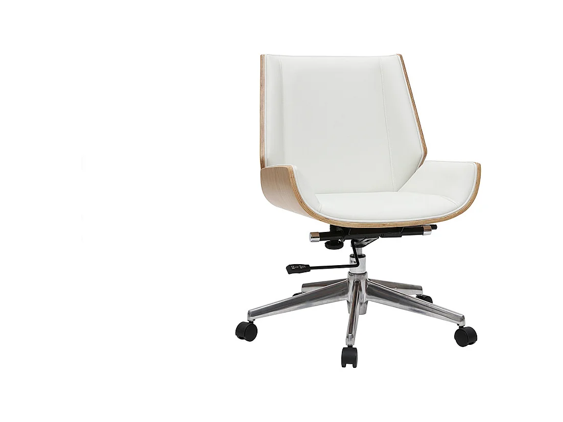 Chaise de bureau à roulettes design blanc, bois clair et acier chromé CURVED