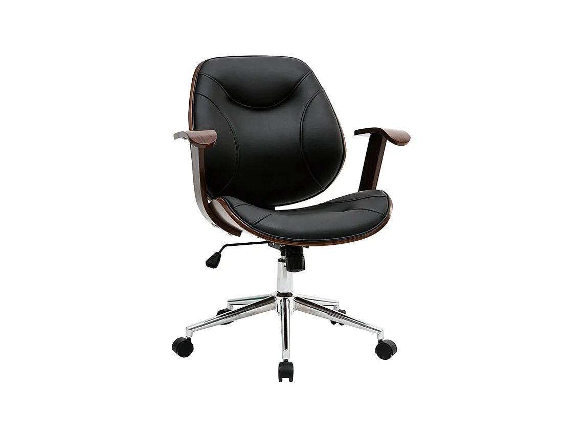 Chaise de bureau à roulettes design noir, bois foncé noyer et acier chromé YORKE
