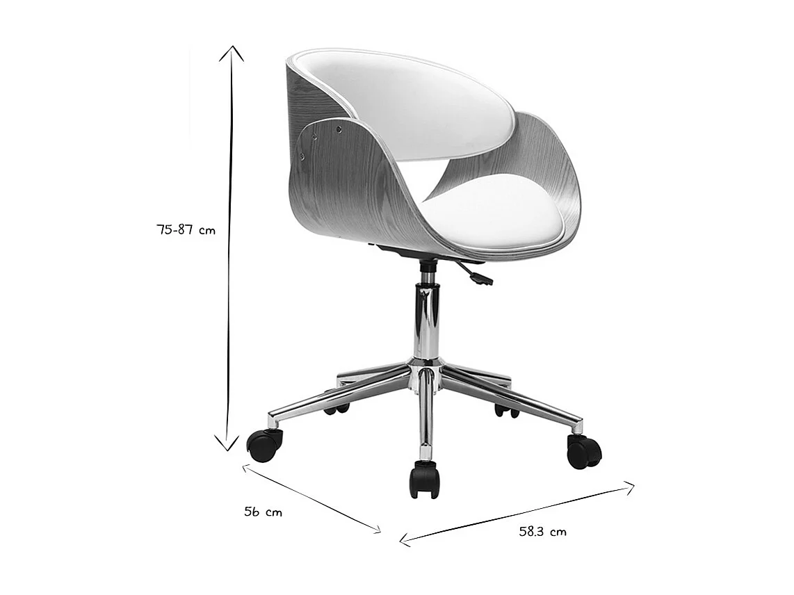 Chaise de bureau à roulettes design blanc, bois clair et acier chromé BENT