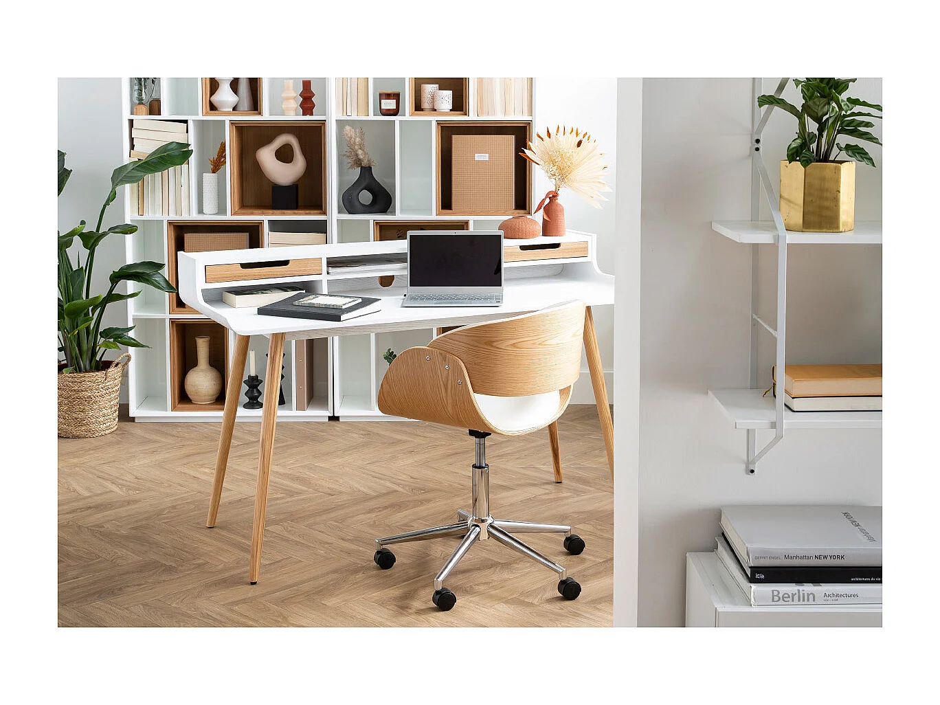Silla de escritorio blanco y madera clara con ruedas BENT
