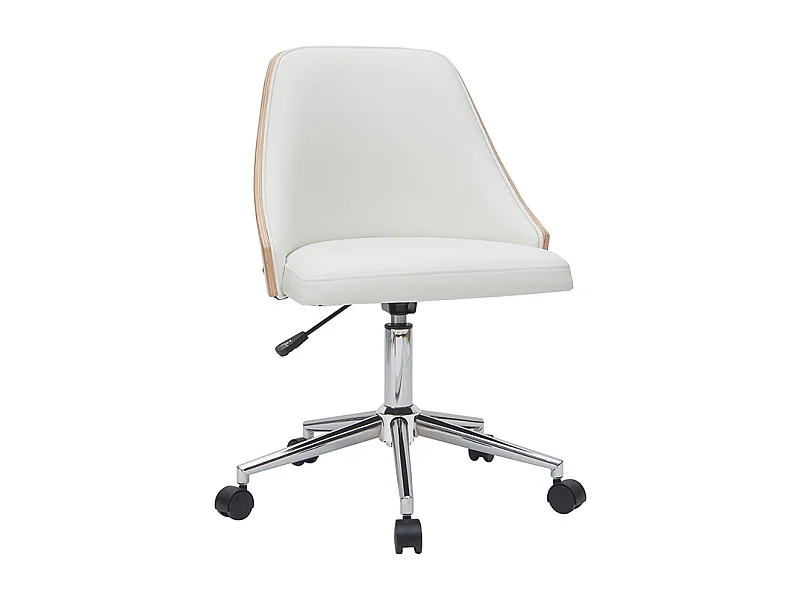 Chaise de bureau à roulettes design blanc, bois clair et acier chromé QUINO