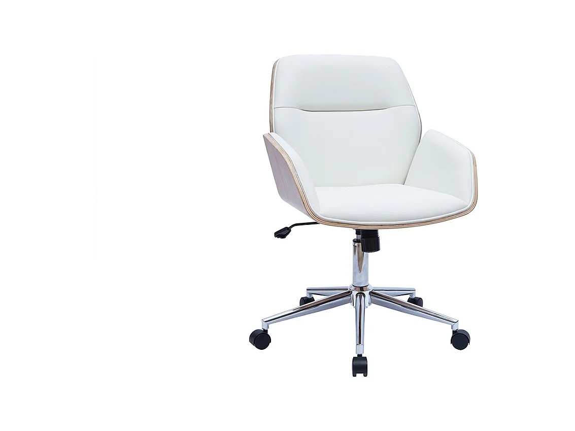 Chaise de bureau à roulettes design blanc, bois clair et acier chromé  MARLOW