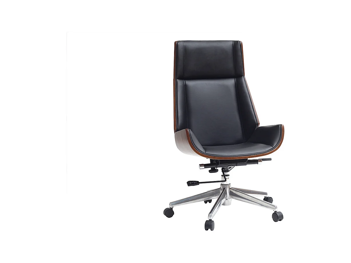 Fauteuil de bureau de direction design noir, bois foncé noyer et acier chromé CURVED