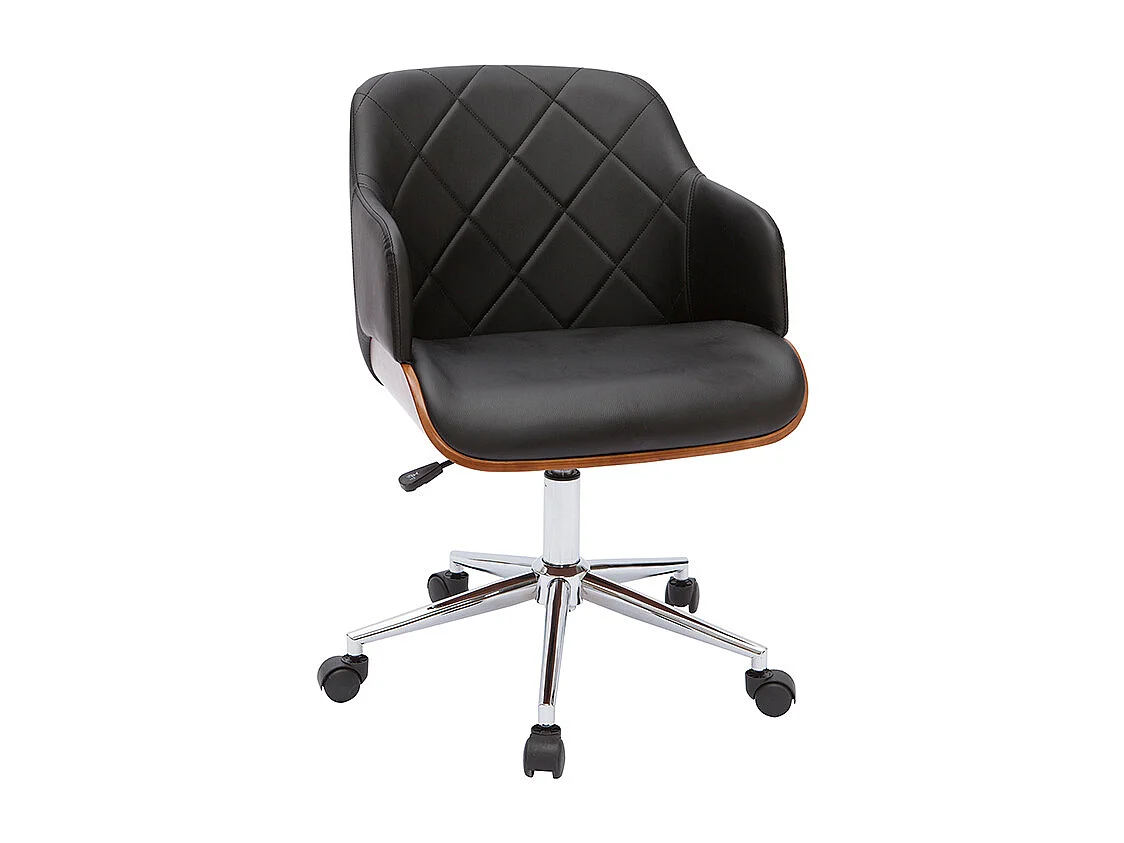 Chaise de bureau à roulettes design noir, bois foncé noyer et acier chromé SANDRO