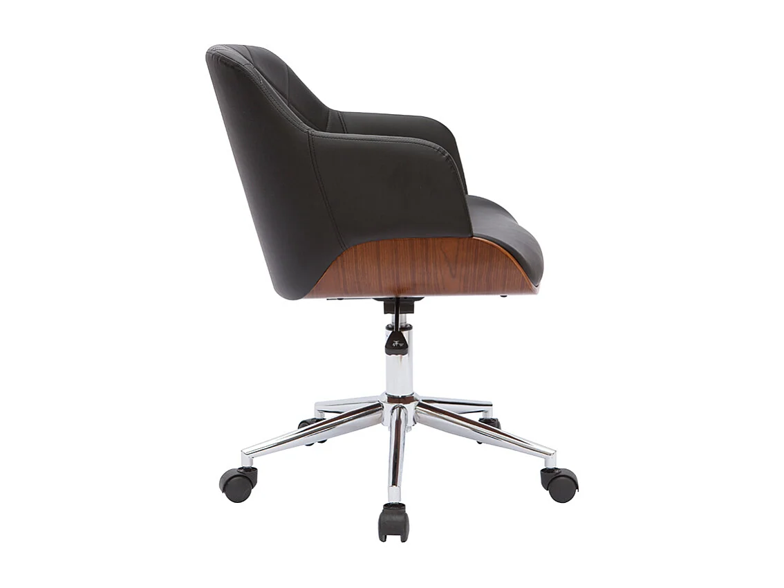Chaise de bureau à roulettes design noir, bois foncé noyer et acier chromé SANDRO