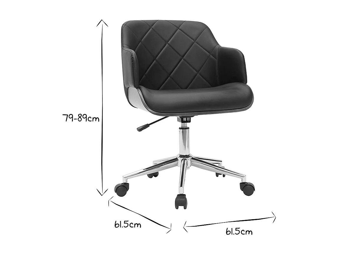 Chaise de bureau à roulettes design noir, bois foncé noyer et acier chromé SANDRO