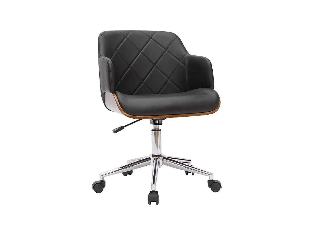 Chaise de bureau à roulettes design noir, bois foncé noyer et acier chromé SANDRO