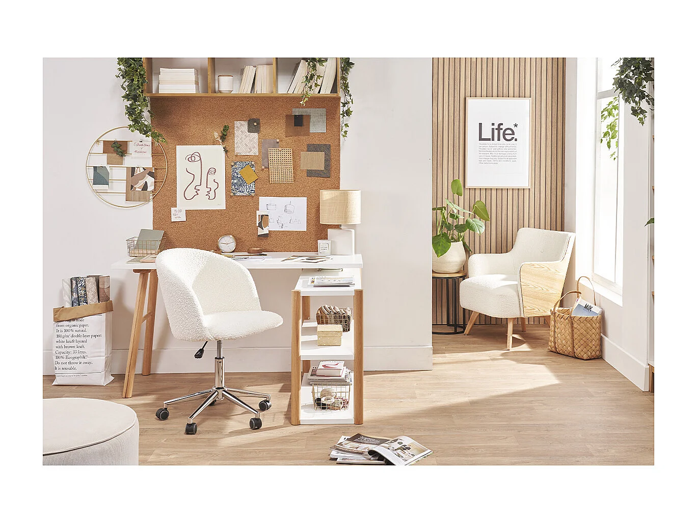 Chaise de bureau à roulettes en tissu effet laine bouclée blanc cassé et acier chromé VANITY
