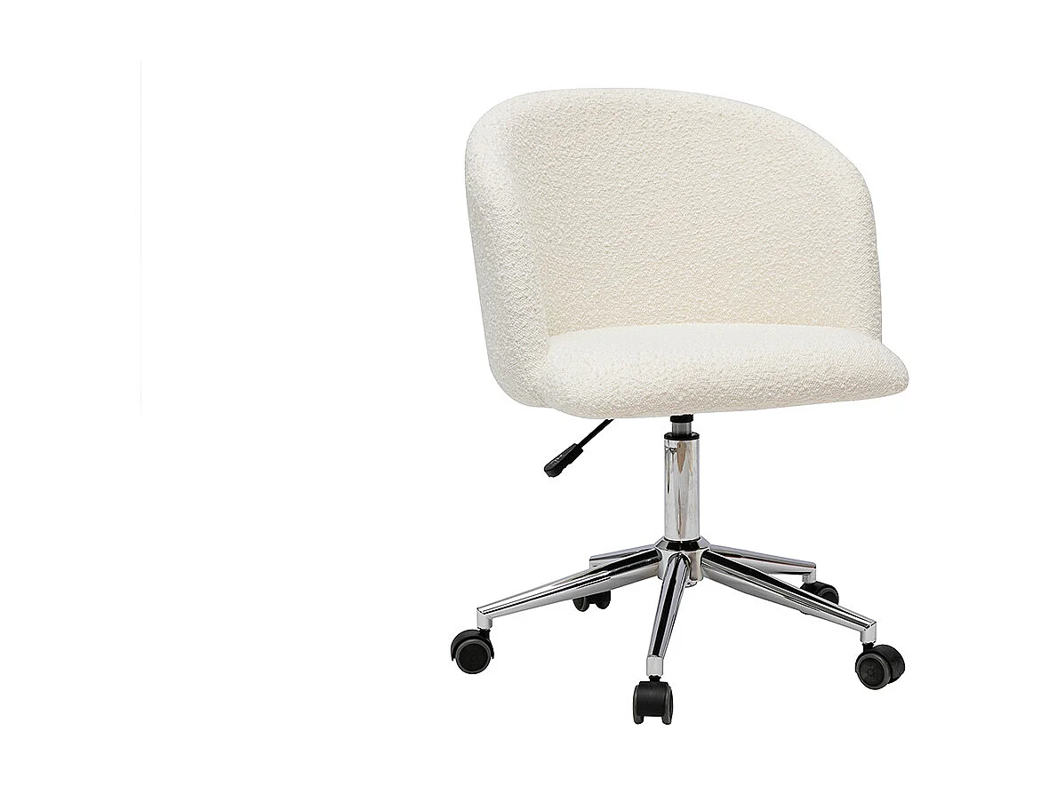 Chaise de bureau à roulettes en tissu effet laine bouclée blanc cassé et acier chromé VANITY